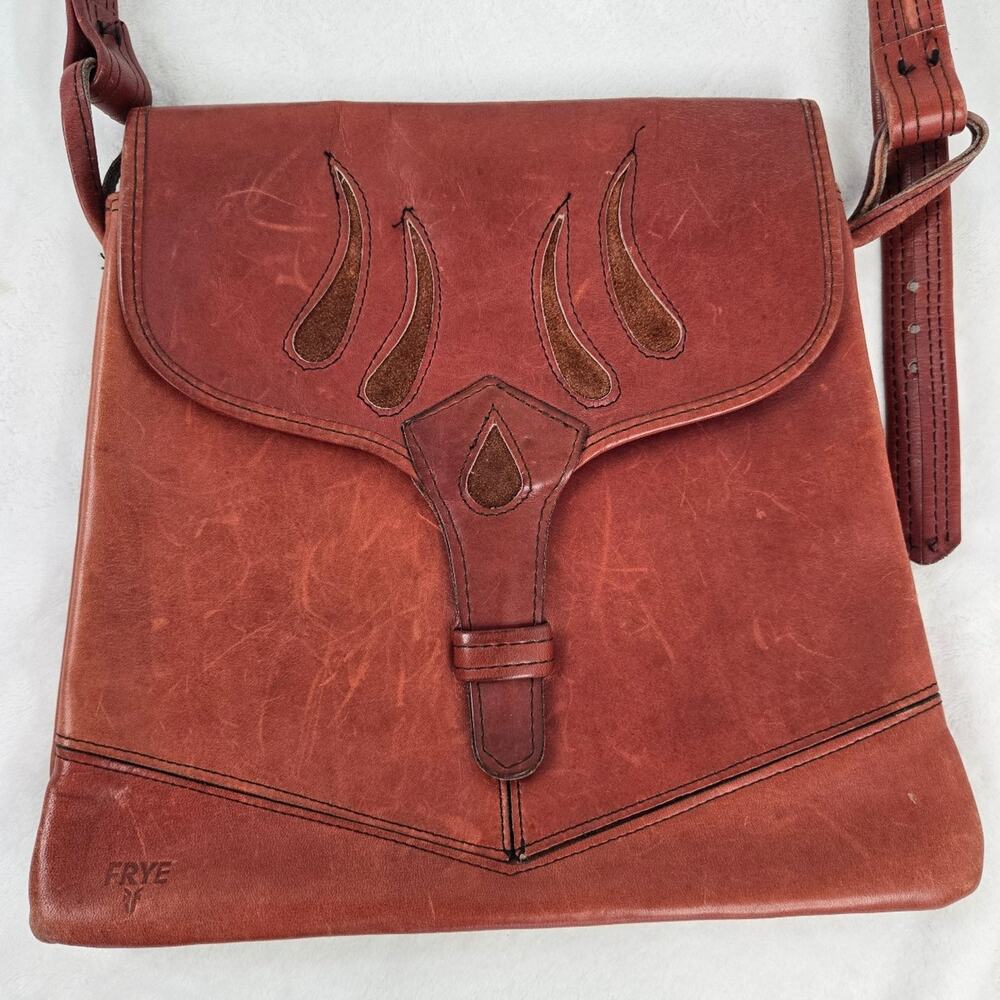Frye Genuine Leather Crossbody Purse Brown Western Suede Inlay Adjustable Strap